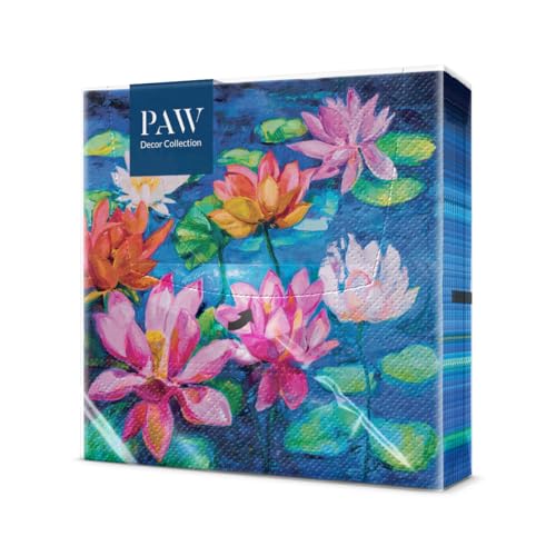PAW - Servietten 3-lagig (33 x 33 cm) I 20 Stück I Perfekt für Geburtstage, Partys, Hochzeiten, Kommunion und Feiern I Tischdeko Bunte Papierservietten - Lilienteich Flora I Lily Pond von PAW Decor Collection