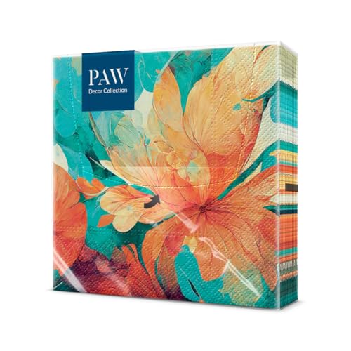 PAW - Servietten 3-lagig (33 x 33 cm) I 20 Stück I Perfekt für Geburtstage, Partys, Hochzeiten, Kommunion und Feiern I Tischdeko Bunte Papierservietten - Orange Türkis Blüten I Zen Abstract Flower von PAW Decor Collection