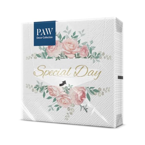 PAW - Servietten 3-lagig (33 x 33 cm) I 20 Stück I Perfekt für Geburtstage, Partys, Hochzeiten, Kommunion und Feiern I Tischdeko Elegante Papierservietten - Besonderer Tag I Gorgeous Composition von PAW Decor Collection