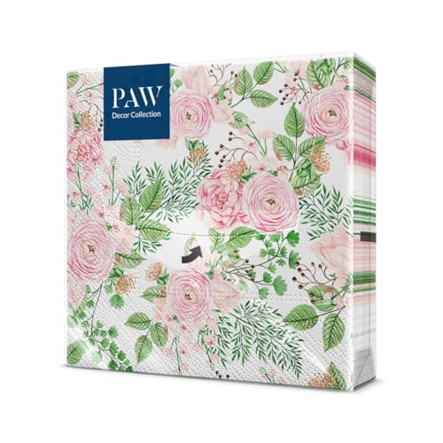 PAW - Servietten 3-lagig (33 x 33 cm) I 20 Stück I Perfekt für Geburtstage, Partys, Hochzeiten, Kommunion und Feiern I Tischdeko Elegante Papierservietten - Hagebuttenblumen I Rose Hip Flowers von PAW Decor Collection