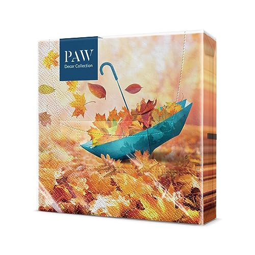 PAW - Servietten 3-lagig (33 x 33 cm) I 20 Stück I Perfekt für Geburtstage, Partys, Meetings I Herbst Tischdekoration I Bunte Papierservietten - Regenschirm Herbstblätter I Umbrella Leaves von PAW Decor Collection