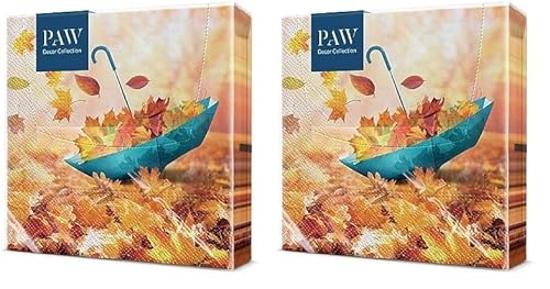 PAW - Servietten 3-lagig (33 x 33 cm) I 20 Stück I Perfekt für Geburtstage, Partys, Meetings I Herbst Tischdekoration I Bunte Papierservietten - Regenschirm Herbstblätter I Umbrella Leaves von PAW Decor Collection