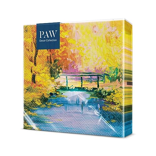 PAW - Servietten 3-lagig (33 x 33 cm) I 20 Stück I Perfekt für Geburtstage, Partys, Meetings I Herbst Tischdekoration I Bunte Papierservietten - Rustikale Brücke Fluss Bäume Blätter I Golden Bridge von PAW Decor Collection