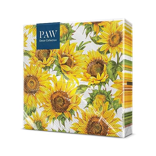 PAW - Servietten 3-lagig (33 x 33 cm) I 20 Stück I Perfekt für Geburtstage, Partys, Meetings I Herbst Tischdekoration I Bunte Papierservietten - Sonnenblumen Gelbe Blütenblätter I Dancing Sunflowers von PAW Decor Collection