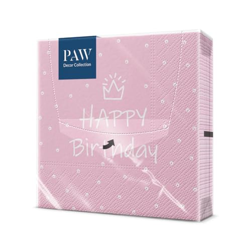 PAW - Servietten 3-lagig (33 x 33 cm) I 20 Stück I Perfekt für Partys, Geburtstage, Feiern I Geburtstag Tischdeko - Bunte Papierservietten mit Motiv - Pink Happy Birthday I Special Day light pink von PAW Decor Collection
