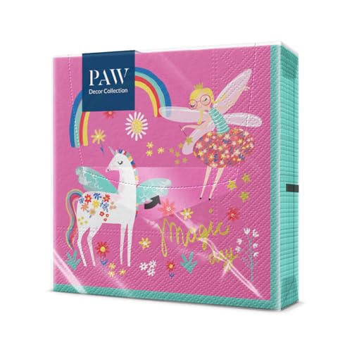 PAW - Servietten 3-lagig (33 x 33 cm) I 20 Stück I Perfekt für Partys, Geburtstage, Feiern I Kinderparty Tischdeko - Bunte Papierservietten mit Motiv - Einhorn Fee Regenbogen I Fairy Unicorn von PAW Decor Collection