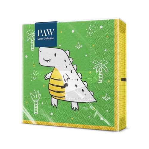 PAW - Servietten 3-lagig (33 x 33 cm) I 20 Stück I Perfekt für Partys, Geburtstage, Feiern I Kinderparty Tischdeko - Bunte Papierservietten mit Motiv - Süßes Dino I Hello Dino von PAW Decor Collection