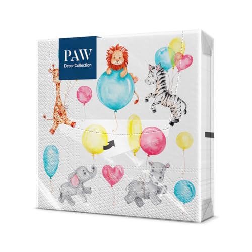 PAW - Servietten 3-lagig (33 x 33 cm) I 20 Stück I Perfekt für Partys, Geburtstage, Feiern I Kinderparty Tischdeko - Bunte Papierservietten mit Motiv - Zebra Löwe Elefant Giraffe Ballons I Child Fun von PAW Decor Collection