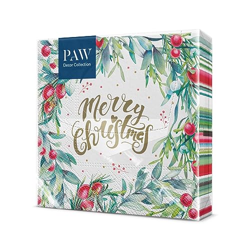 PAW - Servietten 3-lagig (33 x 33 cm) I 20 Stück I Perfekt für Weihnachten, Winter, Feiertage I Heiligabend Tischdekoration I Winter Papierservietten - Frohe Weihnachten I Merry Christmas Floral von PAW Decor Collection