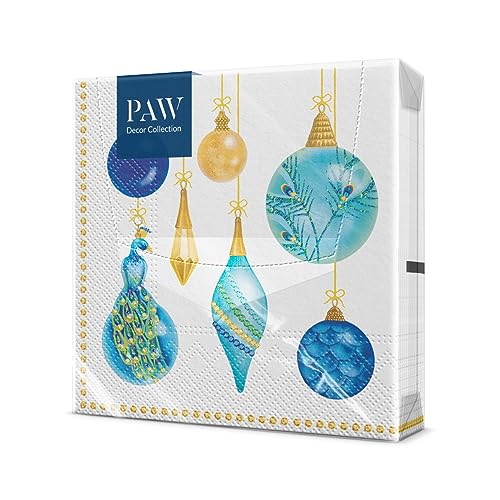 PAW - Servietten 3-lagig (33 x 33 cm) I 20 Stück I Perfekt für Weihnachten, Winter, Feiertage I Heiligabend Winterzeit Tischdekoration I Winter Papierservietten - Pfauensammlung I Peacock Collection von PAW Decor Collection
