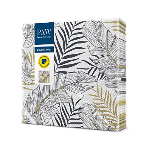 PAW - Servietten 3-lagig (33 x 33 cm) I 20 Stück I Perfekt für Geburtstage, Partys, Hochzeiten, Kommunion und Feiern I Papierservietten Beidseitig Bedruckt I Blätter, Gold, Silber, Streifen I Exotic von PAW Decor Collection