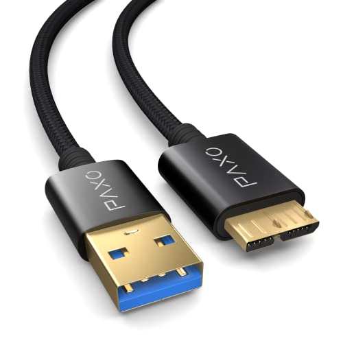 PAXO 0,3m Nylon USB MICRO USB 3.2 Gen2 Festplattenkabel, 10Gbit/s, USB HDD Kabel, Datenkabel, Ladekabel schwarz, USB A Stecker auf Micro B Stecker von PAXO