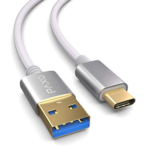 PAXO 0,5m Nylon USB C Kabel, USB 3.1 (USB 3.0), weiß, USB A auf USB Typ C Ladekabel, Datenkabel, Goldstecker von PAXO