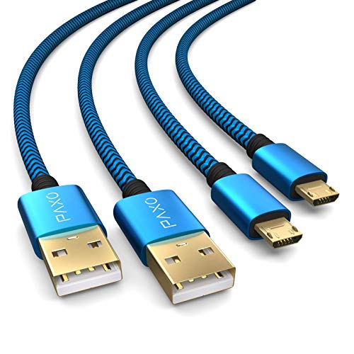 PAXO 2x 2m Ladekabel für PS4 Controller, Micro USB Ladekabel, Micro USB Kabel, Nylon, Mikro USB, Stoffmantel, Aluminium Stecker, blau-schwarz von PAXO