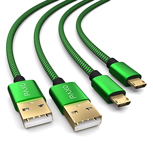 PAXO 2x 4m Ladekabel für PS4 Controller, Micro USB Ladekabel, Micro USB Kabel, Nylon, Mikro USB, Stoffmantel, Aluminium Stecker, grün-schwarz von PAXO