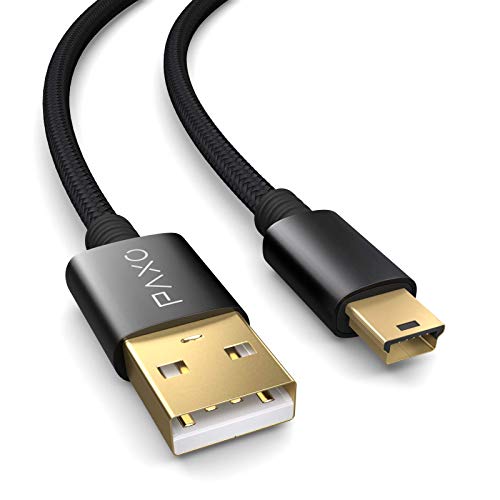 PAXO 3m Nylon Mini USB Kabel schwarz, USB auf Mini USB Ladekabel, Goldstecker, geflochtenes Kabel (braided) von PAXO