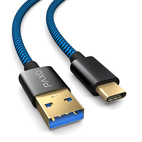 PAXO 3m Nylon PS5 Ladekabel für Playstation 5 Controller, USB C Kabel, USB 3.1 (USB 3.0), Ladekabel, Stoffmantel, Aluminium Stecker, blau-schwarz von PAXO