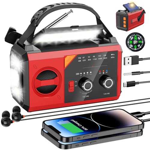 Kurbelradio, Notfallradio mit 30000 mAh Akku, AM/FM Solar Radio, Handkurbel Blackout Notfallausrüstung mit 3 Modi LED Taschenlampe, Leselampe, SOS Alarm, Kompass für Camping, Ourdoor, Notfall(Rot) von PAZEAU