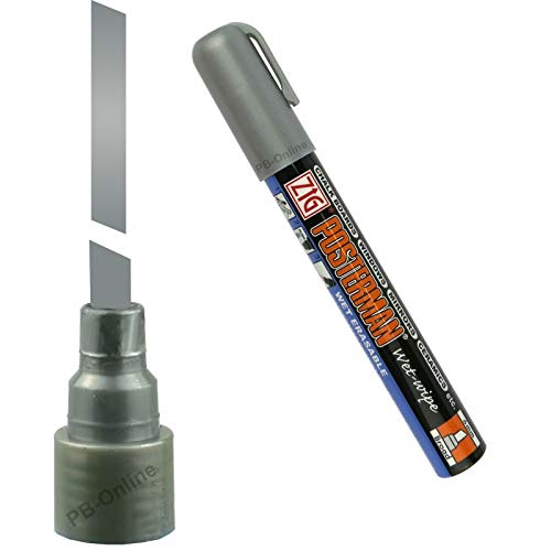 PB-Onlinehandel 3 Stück PREMIUM Kreideschreiber ZIG Posterman Wet-Wipe PMA-550 wasserlöslich 6mm (Silber-Metallic) von PB-Onlinehandel