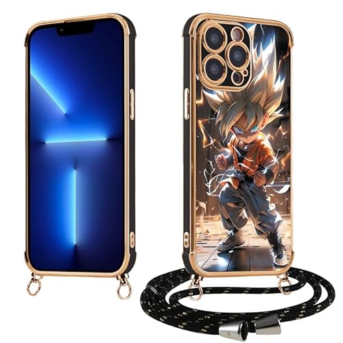 Lanyard Handyhülle für Apple iPhone 15 PRO Max Hülle 6.7'', Handykette Anime Dragonball Super Z DBZ Goku Manga Junge Muster mit Band zum Umhängen Schwarz Schutzhülle Bumper Stoßfest Dünn Case, 01 von PBNDJVG