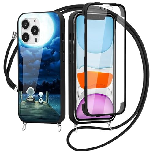 PBNDJVG 360 Grad Handykette Handyhülle für iPhone 11 6,1" Hülle mit Band, Snoopy Hülle mit Kordel zum Umhängen Fullbody Necklace Schutzhülle mit Eingebauter Displayschutz Case per iPhone 11, Schwarz von PBNDJVG