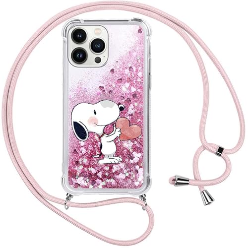 PBNDJVG Handykette für iPhone 13/iPhone 14 6,1" Hülle mit Band, Glitzer Treibsand Handyhülle mit Kordel zum Umhängen Silikon Schutzhülle mit Schön Snoopy Lustig Muster für iPhone 14, Rosa 3 von PBNDJVG