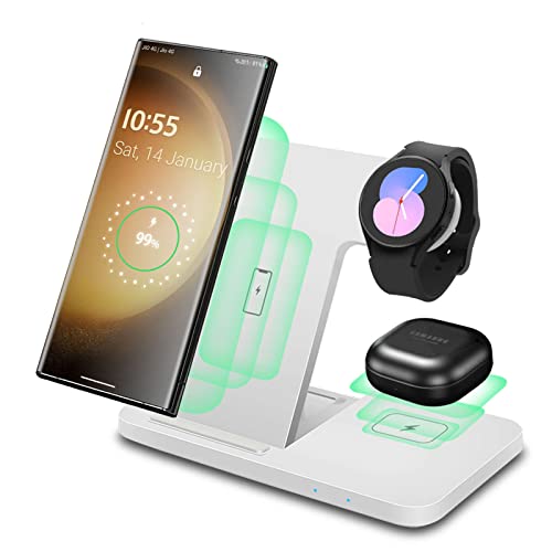 Drahtloses Ladegerät 3 in 1,Faltbare schnelle Induktions-Ladestation für Samsung Galaxy S23 S23+ S22+ S21 S20 Ultra FE/Note/Z Flip Fold 5 4 3,Galaxy Watch 6 classic/6/5 Pro/5/4/3,Galaxy Buds-Weiß von PDKUAI