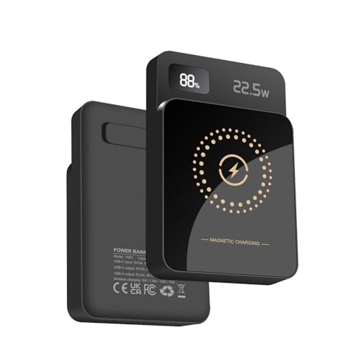 PDKUAI Magnetische Wireless Powerbank 10000mAh,PD 22.5W Schnellladung drahtlos Power Bank mit USB-C Eingänge＆Ausgang Externer Akku kompatibel mit iPhone 16/15/14/13/12 Serien (Schwarz) von PDKUAI