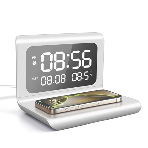 PDKUAI Wecker Digital mit Ladestation,abnehmbare Digital Wecker Faltbare Nachttisch Uhr mit 15W Drahtlos Ladegerät, große LED Anzeige Wireless Charging Wecker mit Kalender Temperatur (Weiß) von PDKUAI