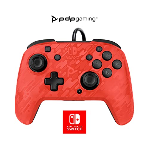 PDP Gaming Faceoff Deluxe+ verkabelt Switch Pro Controller - rot Camo - Offiziell lizenziert von Nintendo - Customizable buttons and paddles - Ergonomic Controllers von PDP