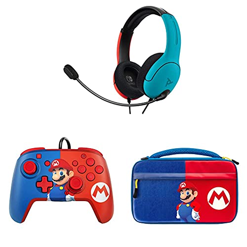 PDP Kabelgebundenes Headset LVL40 für Nintendo Switch + PDP Nintendo Switch Faceoff Deluxe + Audio Kabelgebundener Controller Mario + PDP Commuter Tasche Mario Nintendo Switch und Lite von PDP