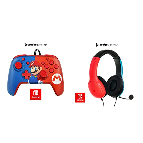 PDP Kabelgebundenes Headset LVL40 für Nintendo Switch + PDP Nintendo Switch Faceoff Deluxe + Audio Kabelgebundener Controller Mario von PDP