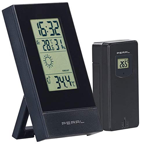 PEARL Funktermometer: Digitale Wetterstation mit Außensensor, Prognose, Uhrzeit & Wecker (innen und außen Thermometer, Thermometer Außensensor, Fensterthermometer) von PEARL