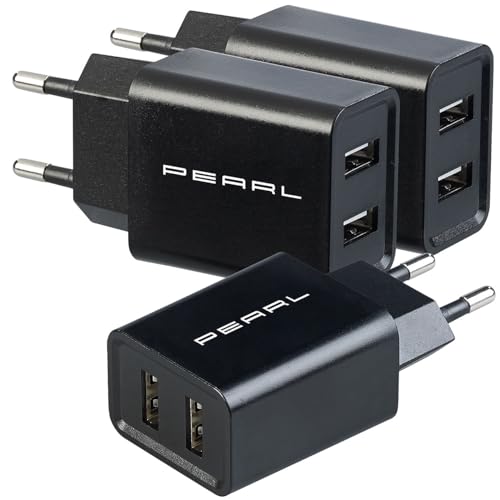 PEARL USB Netzstecker: 3er-Set 2-Port USB-Netzteile für Mobilgeräte, 2,4 A / 12 Watt, schwarz (USB Netzteil Flach, USB-Stecker-Netzteil, Handy Ladestation) von PEARL