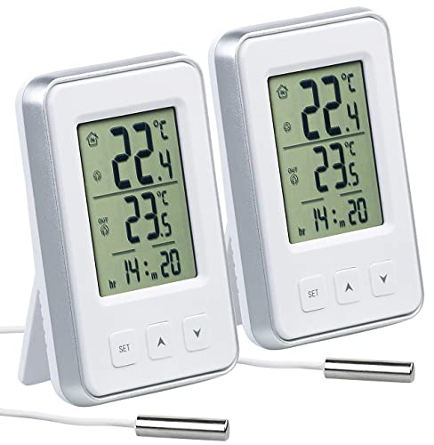 PEARL Wetterstation: 2er-Set digitale Innen- und Außen-Thermometer mit Uhrzeit, LCD-Display (Thermometer mit Außensensor, Temperaturanzeige, Kühlschrankthermometer) von PEARL