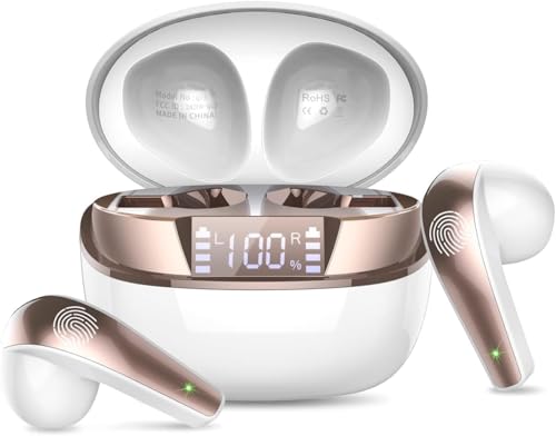 Bluetooth Kopfhörer, Kopfhörer Kabellos Bluetooth 5.3 mit 4 Mic, In Ear Kopfhörer Bluetooth ENC Noise Cancelling, HiFi Stereo Ohrhörer mit LED-Anzeige , 36 Std Spielzeit, IP7 Wasserdicht, Weißgold von PEFUPEW