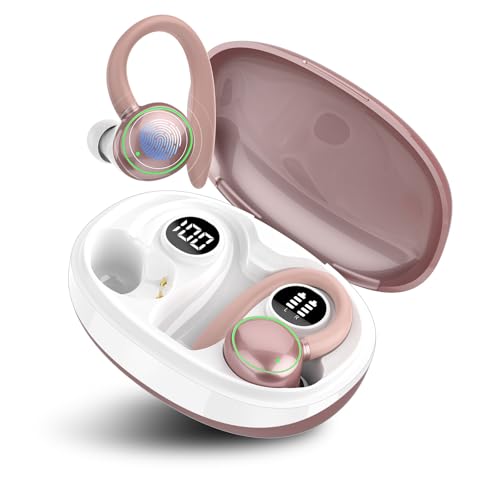PEFUPEW Bluetooth Kopfhörer Sport, Kopfhörer Kabellos Bluetooth 5.3 mit 4 Mic, In Ear Kopfhörer ENC Noise Cancelling, HiFi Stereo Ohrhörer mit LED-Anzeige, 48 Std Spielzeit, IP7 Wasserdicht,Roségold von PEFUPEW