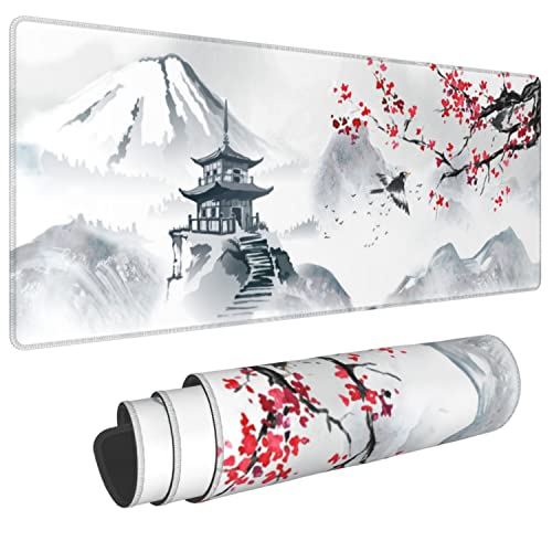 Gaming-Mauspad mit japanischer Kirschblüte, XXL, XL, große Matte, langes, erweitertes Mauspad, Schreibtischunterlage, rutschfeste Gummi-Mäuse, genähte Kanten, 31,5 x 30,5 cm, Weiß von PEIBEISI