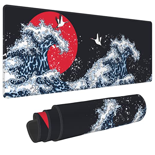 Japanische Welle Rot Sonne Gaming Mauspad XXL XL Große Matte Lang Extended Mousepad Schreibtischunterlage Rutschfeste Gummi-Mäusepads Genähte Kanten 31,5 x 30,5 cm von PEIBEISI