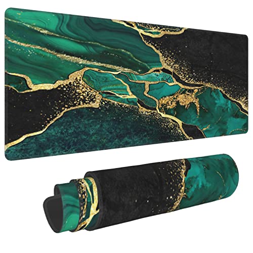Gaming-Mauspad mit Malachit-Marmor, grün und goldfarben, XXL, XL, große Matte, langes erweitertes Mauspad, Schreibtischunterlage, rutschfeste Gummi-Mäusepads, genähte Kanten, 31,5 x 30,5 cm von PEIBEISI