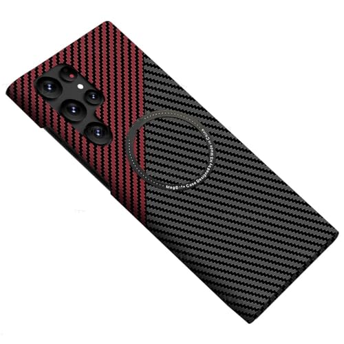 Carbon Fiber Texture Pattern Magnetische Ultra Slim Hülle für Samsung Galaxy S22 Ultra S23 Plus Matte Ring Armor Cover, Schwarz Rot, Für Galaxy S21 von PEIXEN