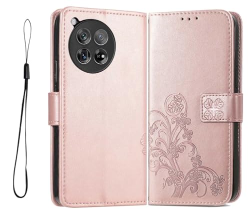 PEIYE Geprägte Hülle für OnePlus 12R, Klappbar Lederhülle Flip Cover Case, Schutzhülle Handyhülle mit Kartenfach und Geldfach, TPU-Innenteil, Magnetverschluss, Standfunktion,Roségold von PEIYE