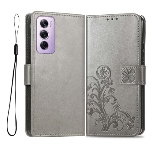 PEIYE Geprägte Hülle für Oppo Reno 12 Pro 5G, Klappbar Lederhülle Flip Cover Case, Schutzhülle Handyhülle mit Kartenfach und Geldfach, TPU-Innenteil, Magnetverschluss, Standfunktion,Grau von PEIYE