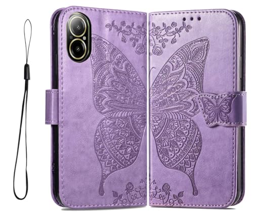 PEIYE Geprägte Hülle für Realme C67 4G, Klappbar Lederhülle Flip Cover Case, Schutzhülle Handyhülle mit Kartenfach und Geldfach, TPU-Innenteil, Magnetverschluss, Standfunktion,Helles Lila von PEIYE