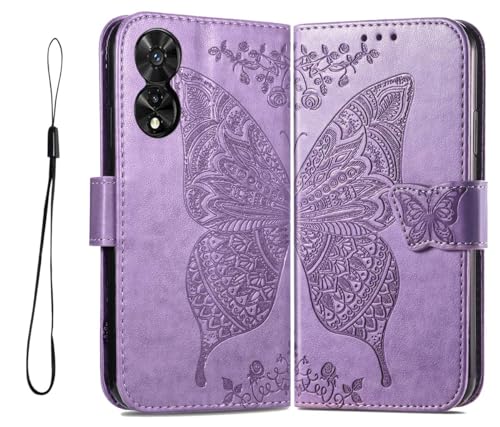 PEIYE Geprägte Hülle für TCL 505, Klappbar Lederhülle Flip Cover Case, Schutzhülle Handyhülle mit Kartenfach und Geldfach, TPU-Innenteil, Magnetverschluss, Standfunktion,Helles Lila von PEIYE
