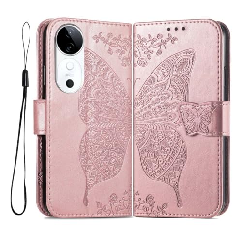 PEIYE Geprägte Hülle für Vivo V40 5G, Klappbar Lederhülle Flip Cover Case, Schutzhülle Handyhülle mit Kartenfach und Geldfach, TPU-Innenteil, Magnetverschluss, Standfunktion -Roségold von PEIYE