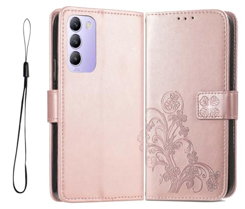 PEIYE Geprägte Hülle für Vivo V40 SE, Klappbar Lederhülle Flip Cover Case, Schutzhülle Handyhülle mit Kartenfach und Geldfach, TPU-Innenteil, Magnetverschluss, Standfunktion,Roségold von PEIYE