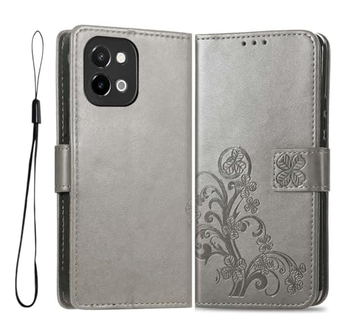 PEIYE Geprägte Hülle für Vivo Y28 4G, Klappbar Lederhülle Flip Cover Case, Schutzhülle Handyhülle mit Kartenfach und Geldfach, TPU-Innenteil, Magnetverschluss, Standfunktion,Grau von PEIYE