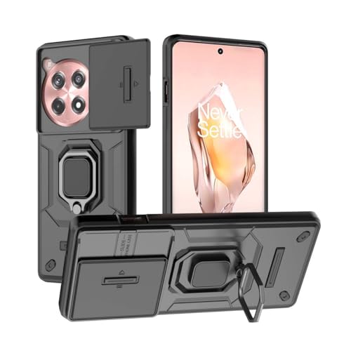 PEIYE Hülle für OnePlus 12R, Stoßfeste Armor Handyhülle mit Silikon & Hard PC, Schutzhülle Cover Case Bumper, 360° Ringständer & Objektiv-Schutzschieber (Schwarz) von PEIYE