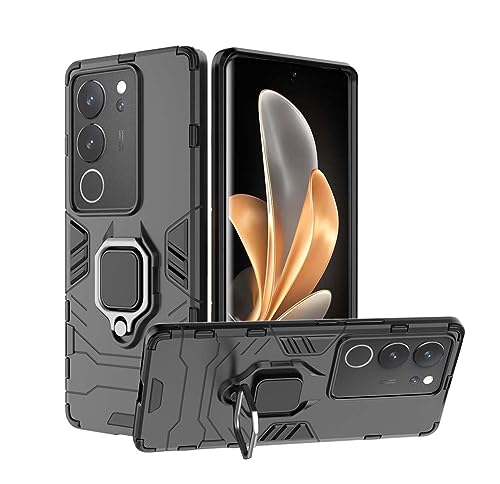 PEIYE Hülle für Vivo V29 5G, Handyhülle Schutzhülle mit Silikon Bumper & Stoßfeste Hard PC Rückseite, 360° Ringständer Armor, Autohalterung Kompatibel Cover Case, Schwarz von PEIYE